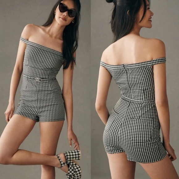 Maeve x Anthropologie Off-The-Shoulder Belted Gingham Romper In Black White Sz 6 - Picture 1 of 11
